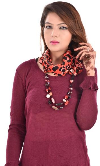 Red black semiprecious fabric scarf necklace