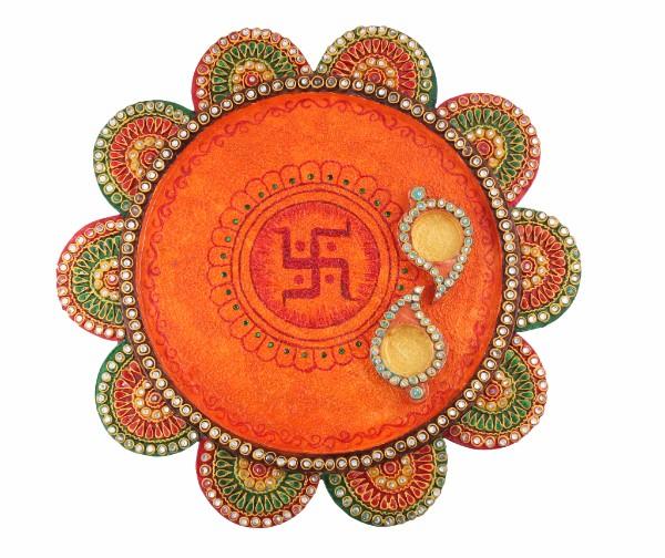 Rajsthani kundan flower engraved pooja plate (HD18)
