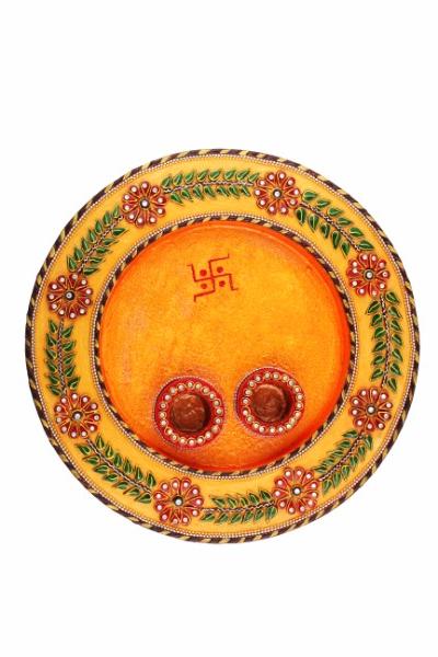 Rajsthani kundan round pooja plate (HD16), Color : Multicolor
