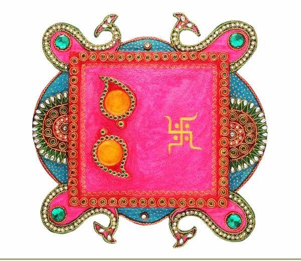 Rajsthani kundan square pooja plate (HD14), Color : Multicolor