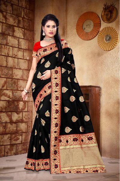 Buy Naaritva India Black Katan Silk Banarasi Floral Pattern Handwoven Saree  Online | Aza Fashions