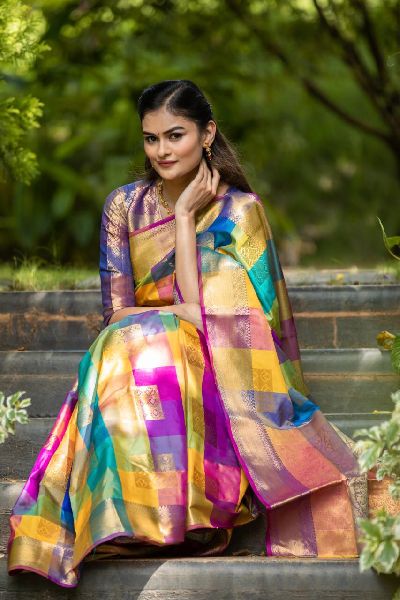 Printed Checkered Kanchipuram Silk Sarees, Feature : Anti-Wrinkle