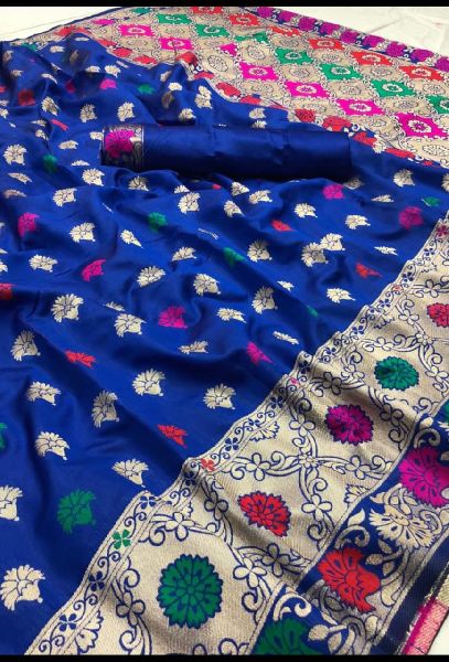 Royal Blue Banarasi Silk Meenakari Sarees, Feature : Anti-Wrinkle, Easy Wash
