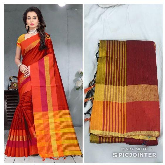 Maroon Raw Silk Saree with Contrast Blouse