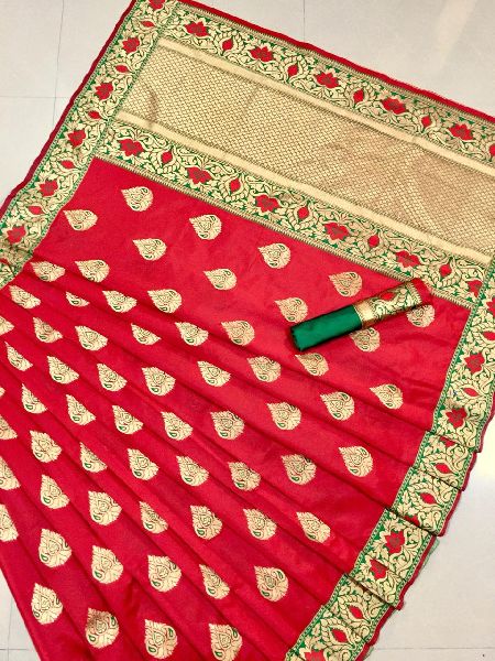 Red Printed Meenakari Banarasi Sarees, Technics : Attractive Pattern