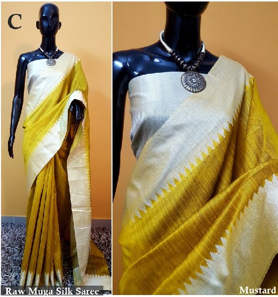 Yellow Plain Raw Silk Sarees