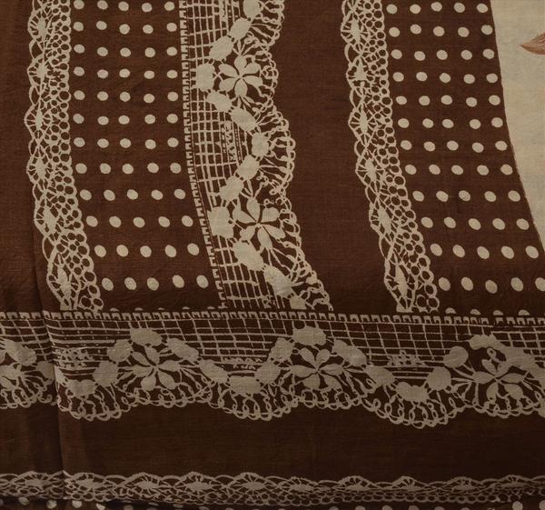100% pure silk saree brown white printed sari craft fabric