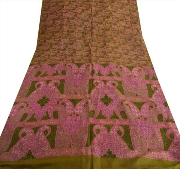 Antique indian vintage printed saree 100% pure silk fabric craft green sari