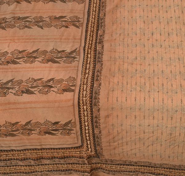 Antique vintage 100% pure silk saree beige printed sari floral craft fabric