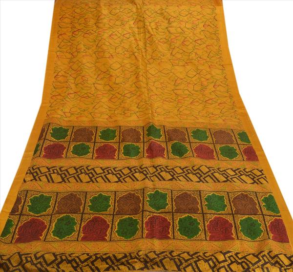 saffron colored printed pure silk saree