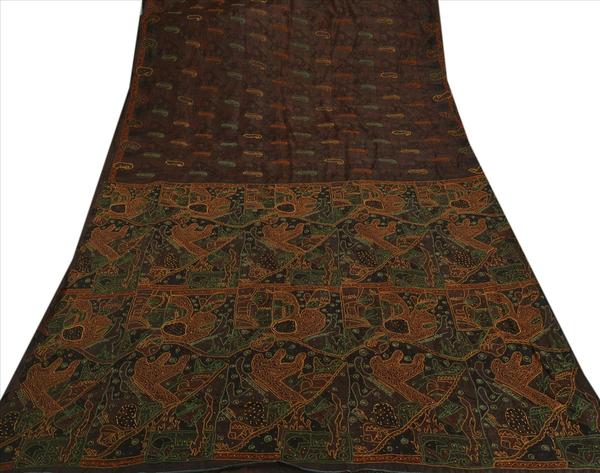 brown colored hand embroidered printed pure silk sari