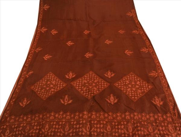 brown & pink colored embroidered pure organza silk sari