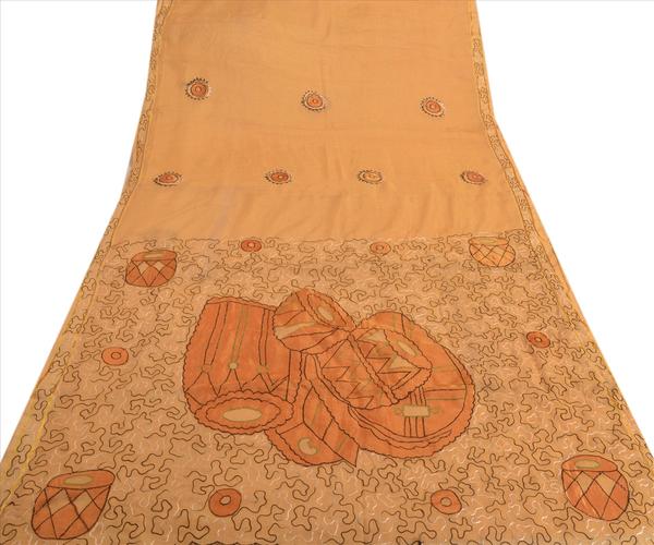 gold colored embroidered pure cotton saree