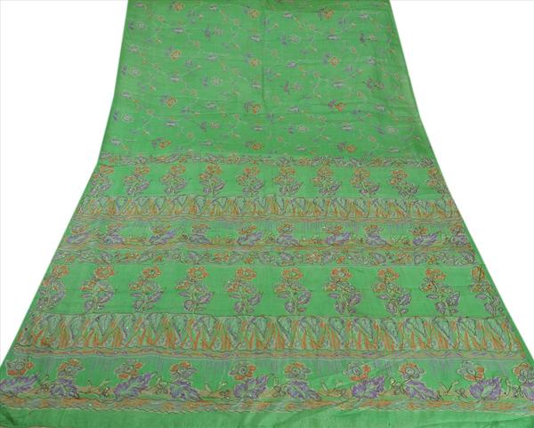 green colored hand embroidered printed pure silk sari