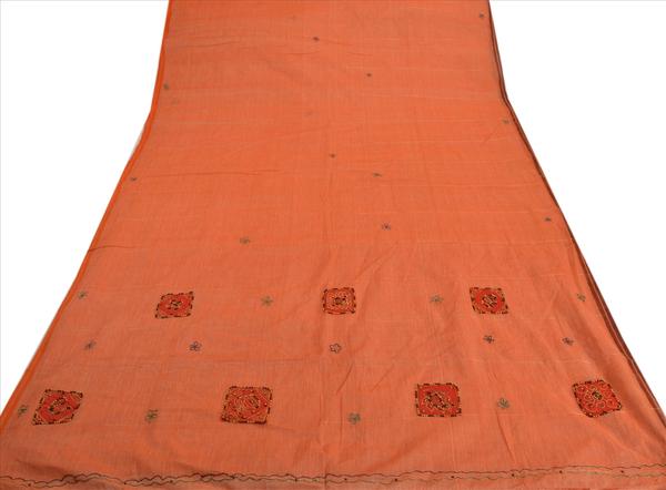 orange colored hand embroidered pure cotton sari