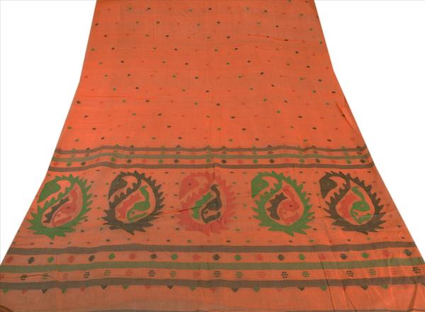 peach colored woven pure cotton tant sari