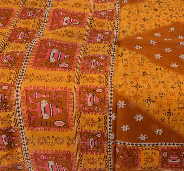 saffron & brown colored pure cotton sari