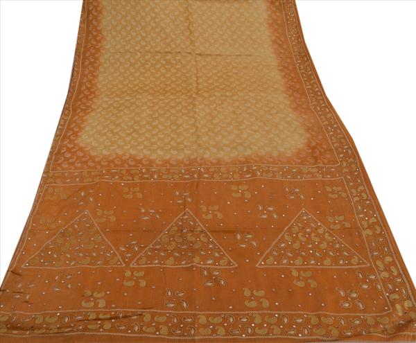 saffron & cream colored hand embroidered woven pure silk sari