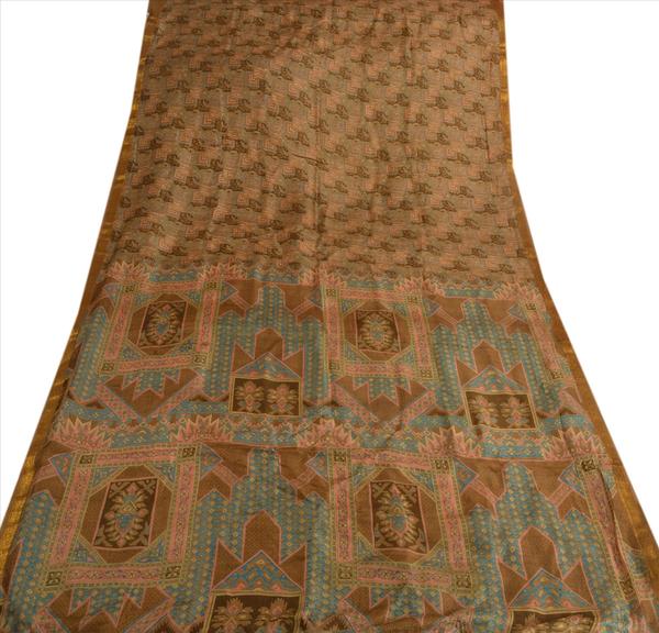 Sanskriti vintage 100% pure silk saree green printed sari craft ethnic fabric