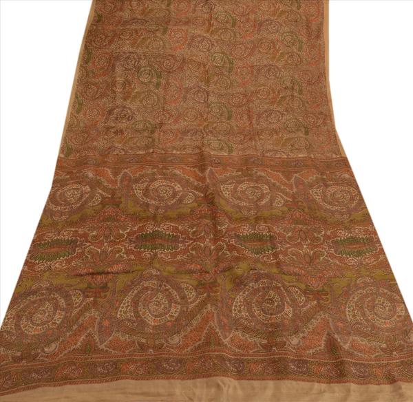 Sanskriti vintage 100% pure silk saree pale cream printed sari craft fabric