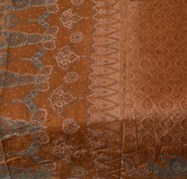 Beautiful brown colored hand embroidered printed pure silk saree
