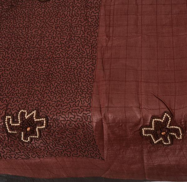brown colored hand embroidered pure silk saree