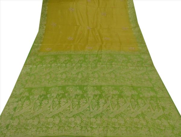 Vintage indian 100% pure silk saree hand beaded woven green craft fabric sari
