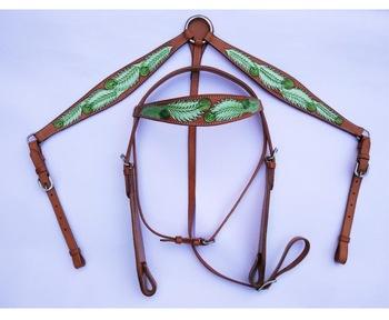 Green coloured Filled Carved Leather Headstall Breastplate Set