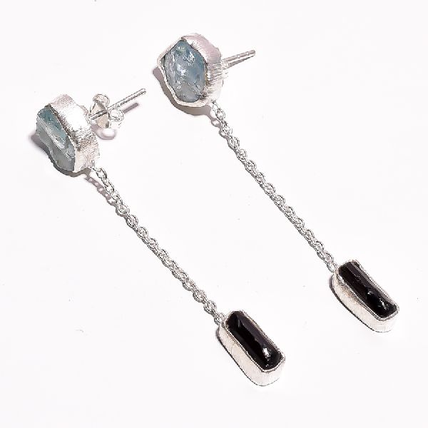 Aquamarine Black Tourmaline Raw Gemstone Earrings, Style : Common