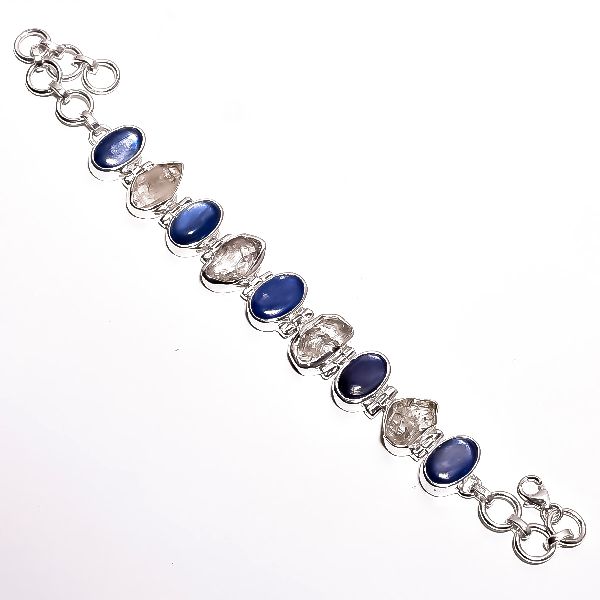 Herkimer Diamond Blue Kyanite Raw Gemstone Silver Bracelet