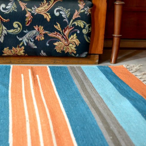 Handwoven Flat Multicolored Striped Blue Cotton Area Rug