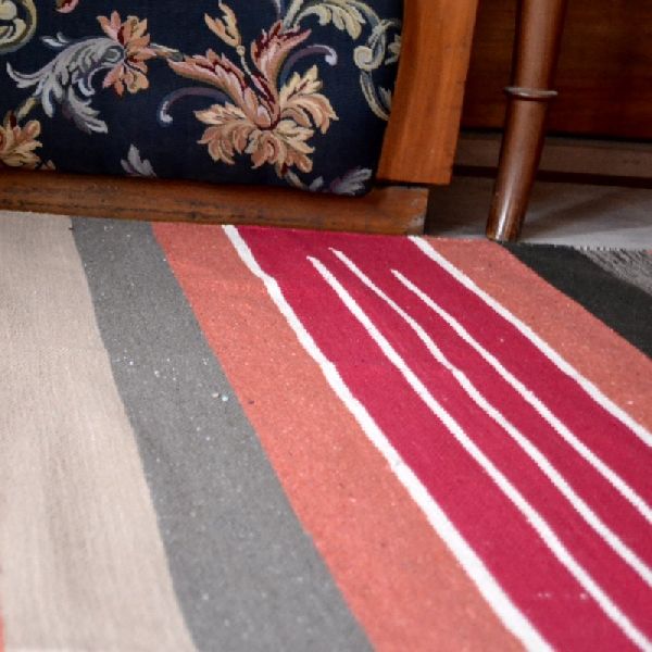 Handwoven Flat Multicolored Striped Red Cotton Area Rug