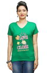 Women V Neck Green T Shirt