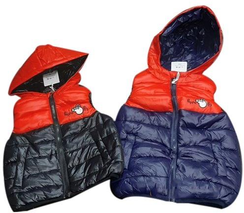 Plain Polyester/Nylon Kids Polyfill Hooded Vest, Style : Casual Wear