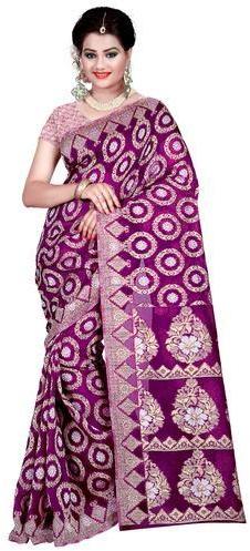 Embellished Purple Pochampally Silk Saree, Occasion : Festive, Party, Wedding