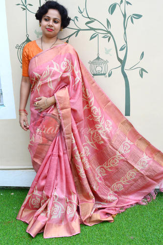 Printed Zari Broad Tussar Saree, Saree Length : 6 m (with blouse piece)