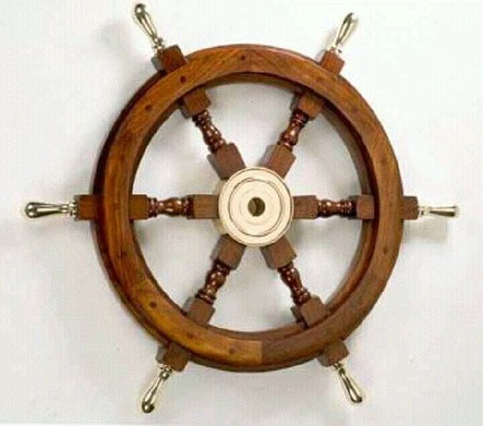 Round Wooden Ship Wheel With Brass Handle, for Home Decoration, Style : Antique