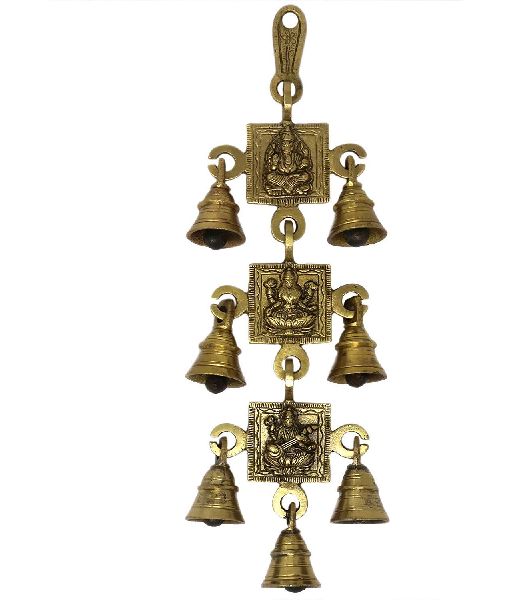 Brass Ganesh Laxmi and Saraswati Images with 7 Bells Wall Hanging