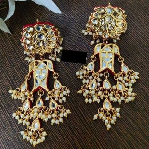 Alloy Kundan Meena Earrings, Color : Red Golden