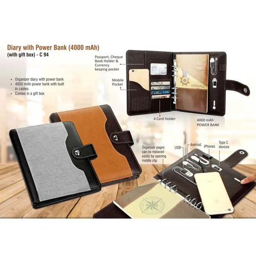 Charging Function Power Bank Diary, Color : Brown