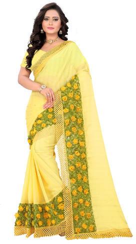 Georgette Yellow Embroidered Saree, Occasion : Party Wear