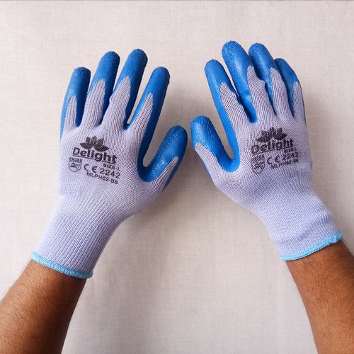 Blue Latex Coated Hand Gloves, for Construction/Heavy Duty Work, Pattern : Check
