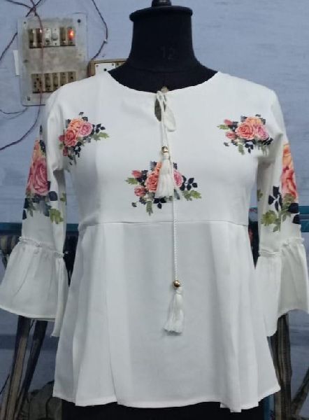 A.K Collection Cotton Printed Ladies White Frill Top, Feature : Fade-less Color, Skin Friendly