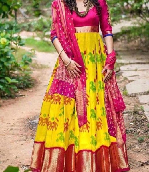 POCHAMPALLY SILK pochampallyikkathub traditional wear leheng For more  details call me  Whats  Long gown design Long dress design Pink dress  outfits