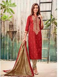 Cotton Red Embroidered Suit