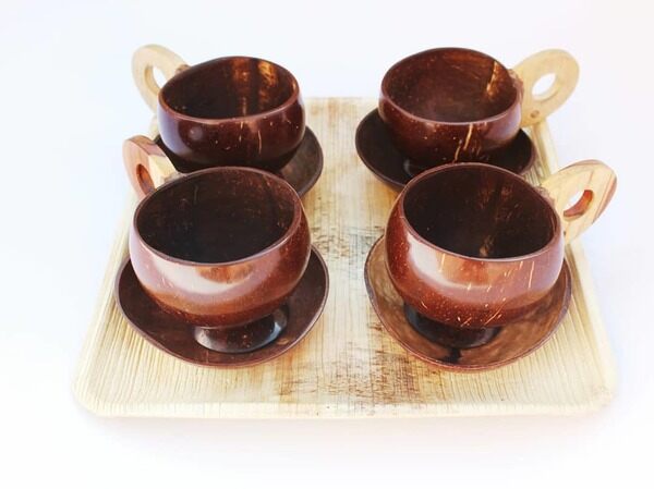 Round Coconut Shell Tea Cup Set, for Coffee, Cold Drinks, Ice Cream, etc.., Style : Anitque