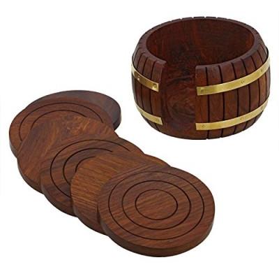 WOODEN ROUND TEA COASTERS SET OF 6 IN ANTIQUE INSPIRED BARREL HOLDER