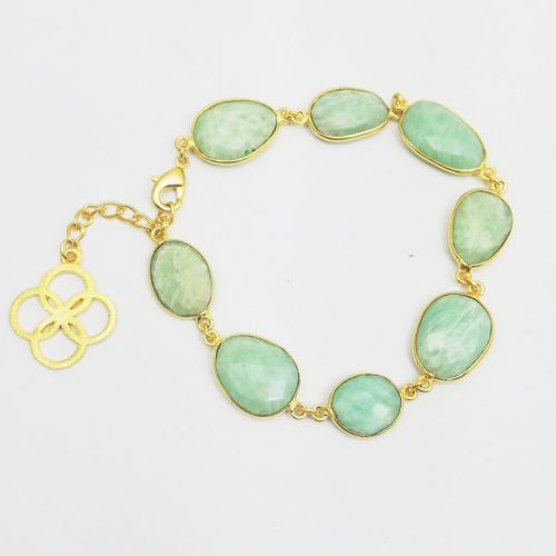 Amazonite Gemstone Bezel Set Bracelet with Small Gold Charms