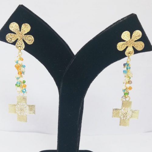 Gold Plated Multi Stone Long Drop Earring with Cross Charm