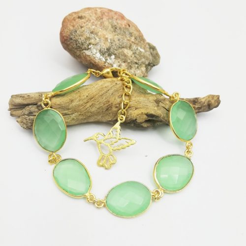 Green Chalcedony Bezel Set Bracelet with Gold Plated Bird Charm